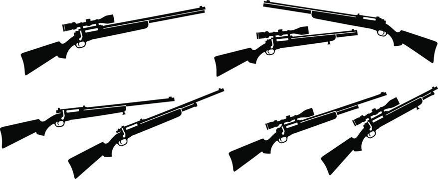 Multiple hunting rifles in different poses on transparent background silhouette