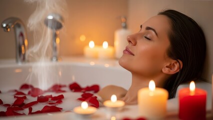 Woman Relaxing in Bathtub with Candles.