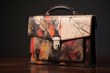 Bespoke leather briefcase featuring a unique abstract paint splatter design and metallic clasp
