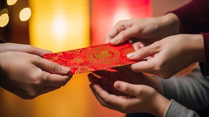 Hands Exchanging Red Envelope Gift.