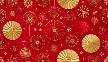 Fototapeta premium Elegant red and gold decorative background with intricate Asian geometric patterns, perfect for festive occasions