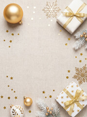 Christmas composition gift box golden decorations beige background