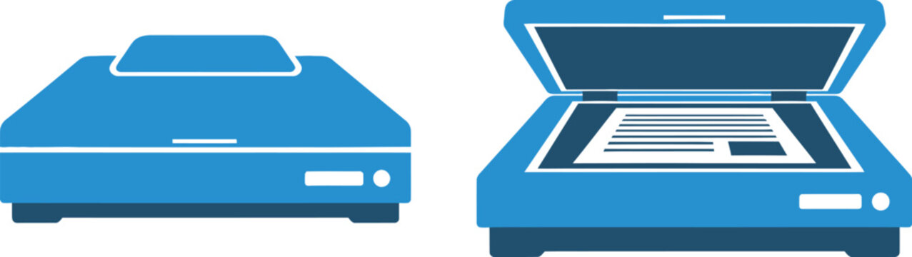 Two blue scanner icons closed and open for design projects on transparent background silhouette