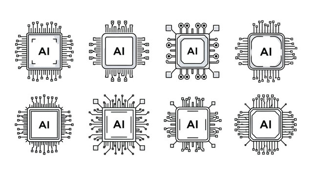 Line art depictions of artificial intelligence chips and microprocessors in a grid