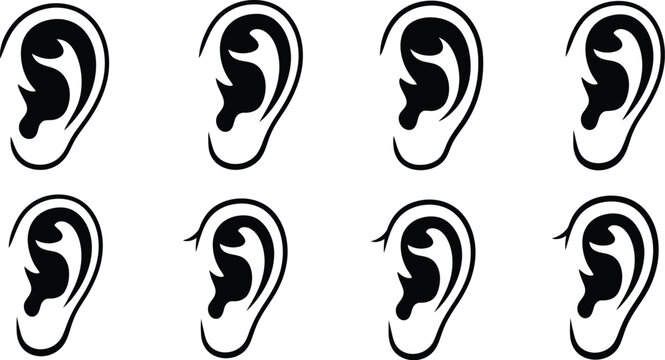 Black ear illustrations collection with different angles on transparent background silhouette
