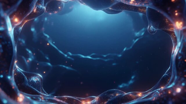 Glowing microfluidic patterns on a dark background with glowing neon fiber-optic lines mimicking fluid channels