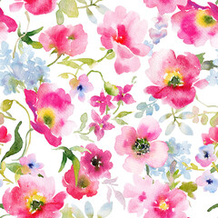 Plakat Seamless Watercolor Poppy Floral Pattern with Pink Spring Flowers