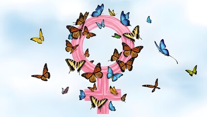 Female Venus symbol surrounded by colorful butterflies on sky background