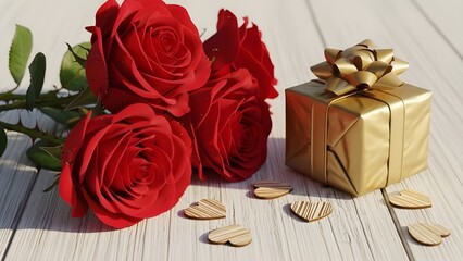 Red Roses Bouquet with Gold Gift Box and Hearts on Wood