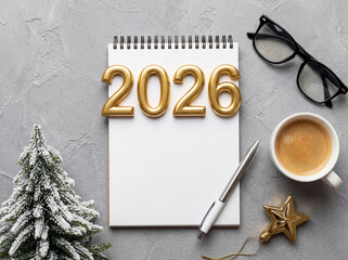 New Year 2026 goals concept notebook coffee grey background