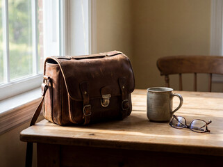 Leather Satchel On Wooden Table