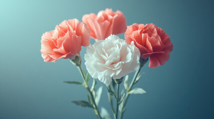 Obraz premium Soft pink carnation white carnation coral carnation flower bouquet floral stem delicate petal cool background studio lighting