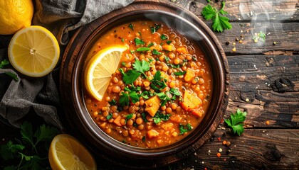 Hearty Lentil Stew with Carrots Parsley and Lemon Slices in Dark Ceramic Bowl on Rustic Wooden Table Overhead Shot