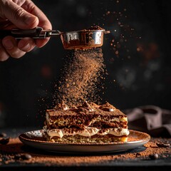 Delicious Tiramisu Dessert Sprinkled With Cocoa Powder By Hand Dark Studio Lighting Dramatic Food Photography