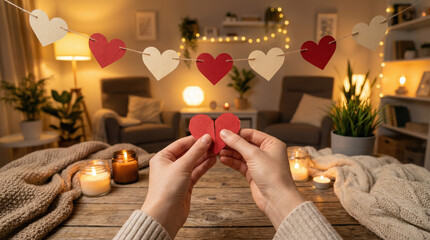 Couple holding hearts in cozy living room during winter