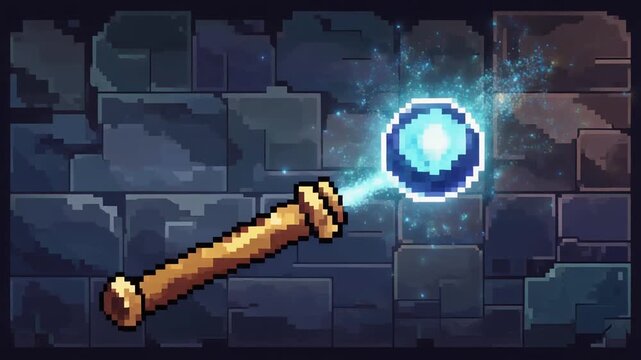 Pixel Art Magic Wand Casting Spell on Stone Wall.