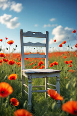 concept of empty chair for graphic creativity - white chair standing in meadow in beautiful summer day