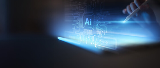 AI Interface for Human Interaction and Intelligent Automation Displayed on Digital Laptop Screen.