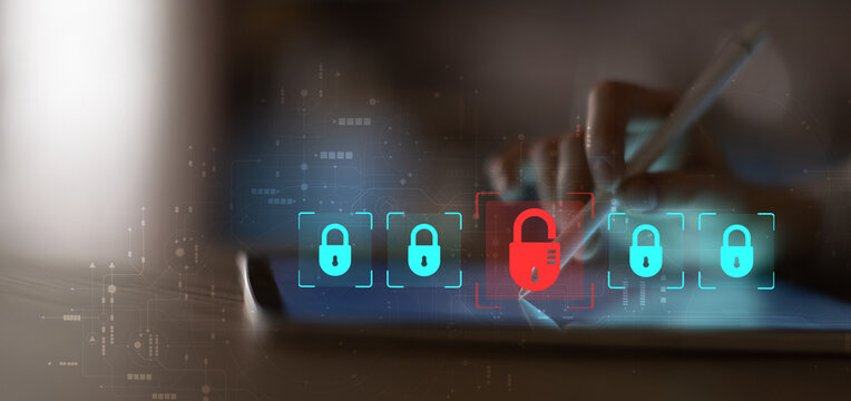 Cybersecurity Threat Detection and Data Protection Visualization on Digital Tablet. - Powered by Adobe
