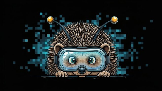 A cartoon hedgehog wearing virtual reality goggles in a digital environment with pixelated background. Tech concept.