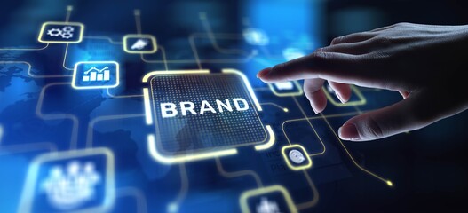 Plakat Brand Building Identity and Market Presence, projection on a virtual screen, Business and Technology Concept.