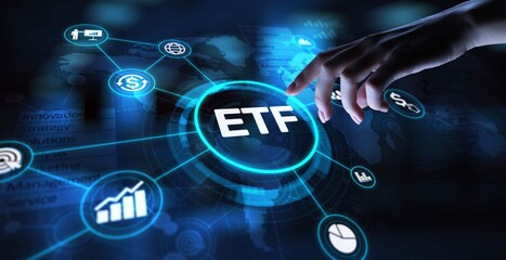 ETF Exchange-Traded Fund Investment Strategy, projection on a virtual screen, Business and Technology Concept.