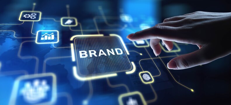 Brand Building Identity and Market Presence, projection on a virtual screen, Business and Technology Concept.