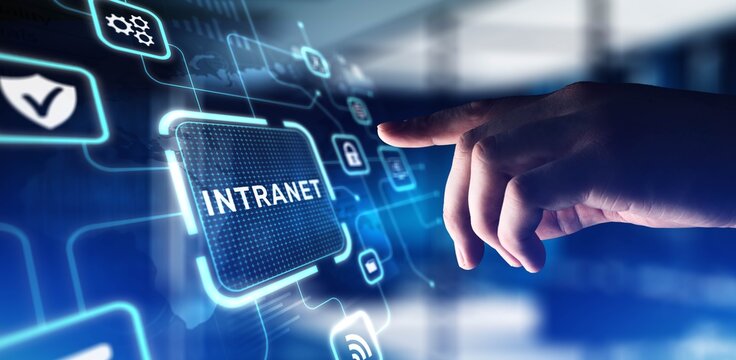 Intranet Enhancing Internal Communication and Collaboration, projection on a virtual screen, Business and Technology Concept.