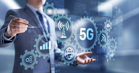 5G Fifth generation of mobile internet. Fast connection. Telecommunication concept on virtual screen.