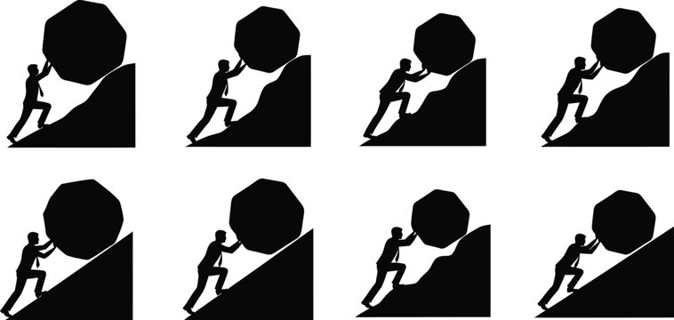 Man pushing boulder uphill in repeated sequence a symbolic silhouette on transparent background