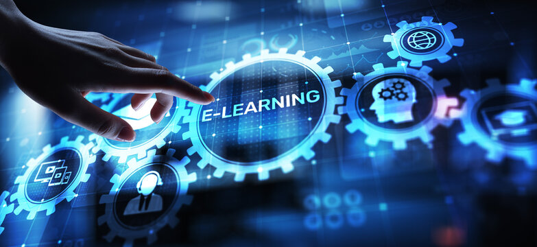 E-learning, Online education, internet studying. Business, technology and personal development concept on virtual screen.