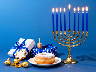 Hanukkah Menorah Donuts and Gifts on Blue