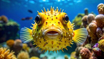 Close-up of a vibrant yellow pufferfish with large eyes, surrounded by coral and clear water