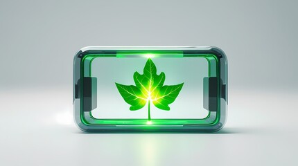 Transparent battery cell with a glowing green leaf inside copy space 2026