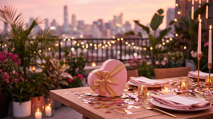 Romantic rooftop dinner with heart-shaped gift box, flowers, and city skyline view at sunset