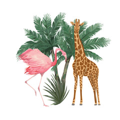 Animal pattern with flamingo, giraffe and palm trees. Vector illustration. Vintage print