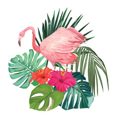Animal pattern with flamingo and palm trees. Vector illustration. Vintage print