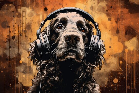 Cocker spaniel dog listening music with headphones on an abstract artistic background