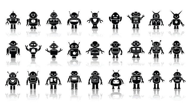 A collection of various robot icons in black and white digitally illustrated