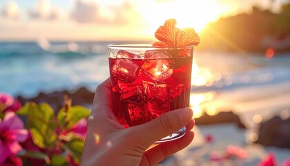 Hand Holding Red Cocktail Drink With Ice And Flower Garnish At Tropical Beach Sunset With Golden Sun Flare