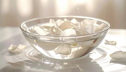 Clear Glass Bowl Filled With White Rose Petals Floating In Water With Gentle Ripples And Soft Sunlight Reflections