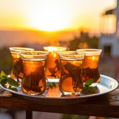 Five Glasses Of Turkish Tea Filled With Hot Black Tea And Mint Leaves On A Metal Tray At Sunset With A Soft Orange Glow