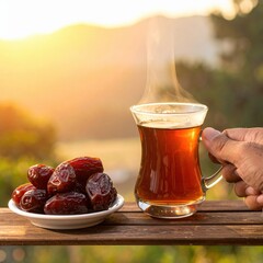 Hand Holding Steaming Cup Of Dark Tea Next To Bowl Of Dates On Wooden Table Outdoors In Warm Sunlight