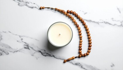 Unlit White Candle and Prayer Beads on a White Marble Surface With Natural Lighting