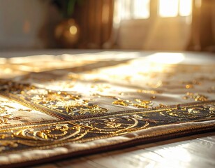 Close up of ornate golden patterned carpet with warm sunlight streaming through window creating a cozy atmosphere in a room