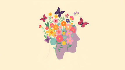 Mental health concept illustration with woman profile silhouette, blooming flowers, and butterflies, Generative AI