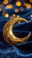 Ornate Golden Crescent Moon Ornament on Dark Blue Velvet with Golden Bokeh Lights Festive Atmosphere