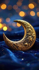 Ornate Golden Crescent Moon Symbol Resting On Dark Blue Velvet With Sparkling Lights In The Background