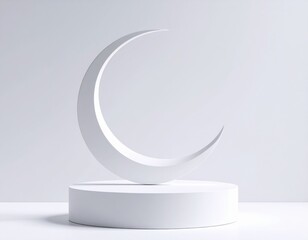 Minimalist White Crescent Moon Sculpture on Pedestal Against a Soft Gray Background with Subtle Lighting