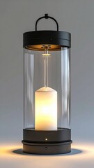 Modern Black Metal Cylinder Lantern With Clear Glass and Bright White Candle Light Illuminating Dark Room With Soft Shadows
